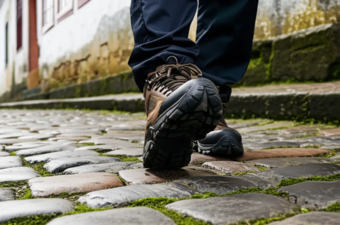 Foto realista de sapatos confortáveis em ladeira de paralelepípedos molhados de Ouro Preto.