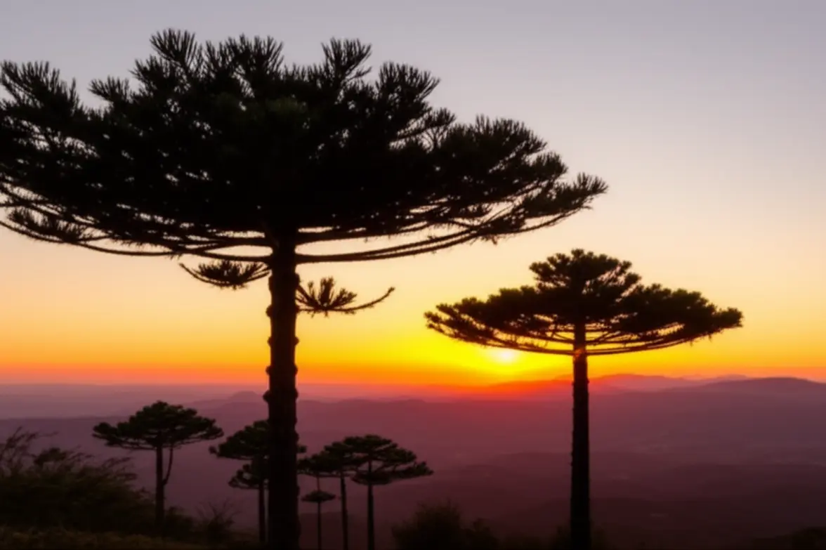 Paisagem de Lages com araucárias ao pôr do sol na Serra Catarinense.