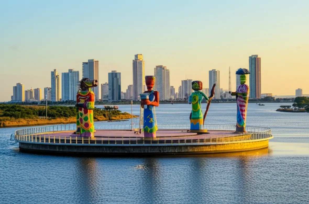 Estátuas coloridas no Largo da Gente Sergipana ao pôr do sol.