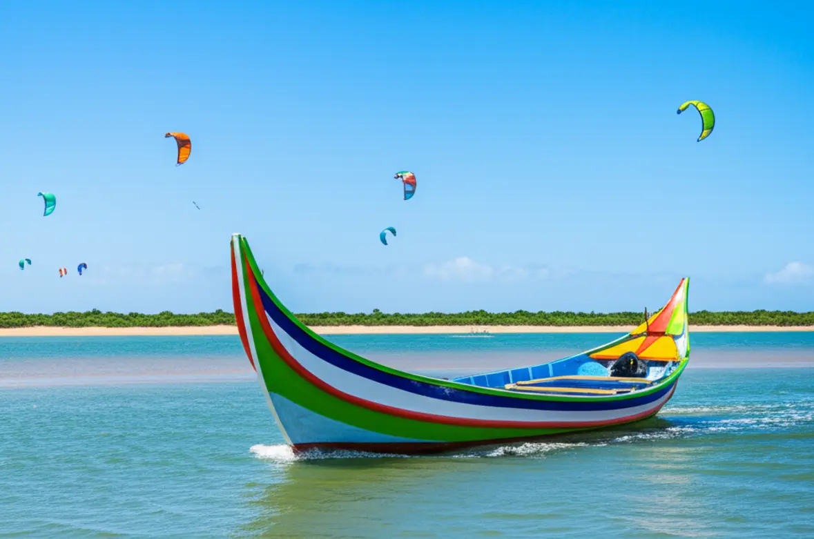 Barco tradicional navegando pelas águas calmas de Galinhos com kitesurfers ao fundo.