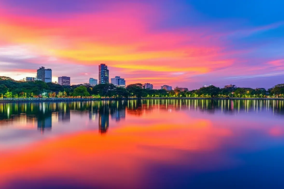 Vista panorâmica do Lago Igapó com o horizonte urbano de Londrina ao fundo.