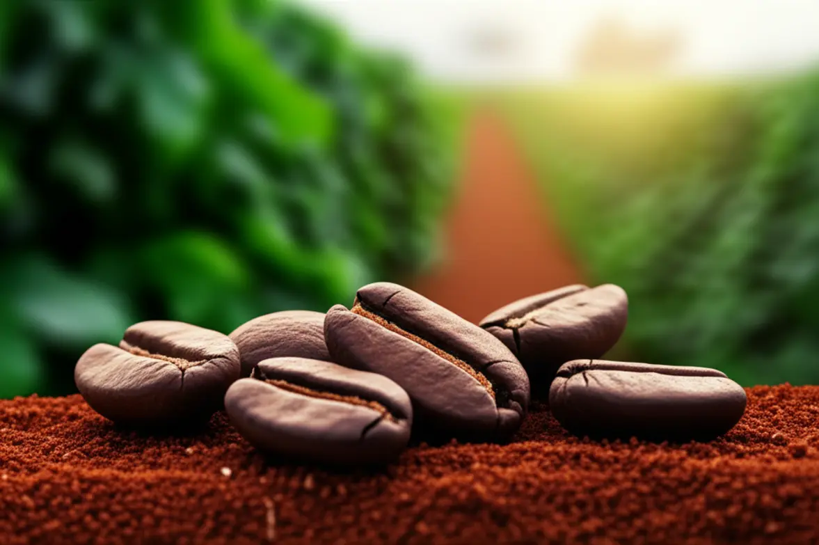 Close de grãos de café sobre o solo de terra roxa fértil em Londrina.