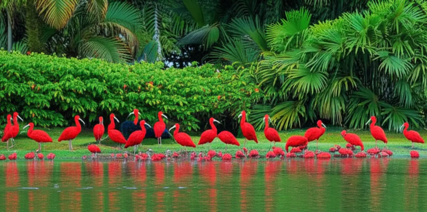 Guarás vermelhos em meio à vegetação amazônica no Mangal das Garças, Belém.