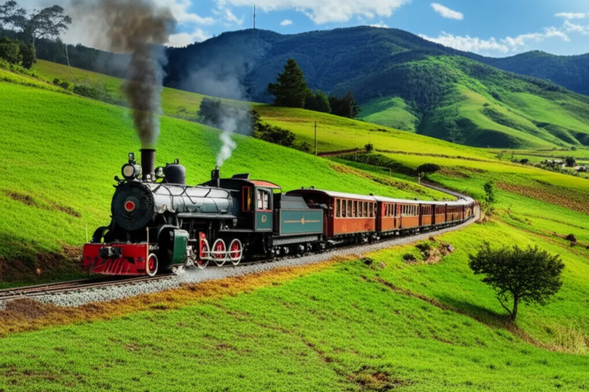 Locomotiva Maria Fumaça percorrendo as paisagens verdes de São Lourenço, MG.