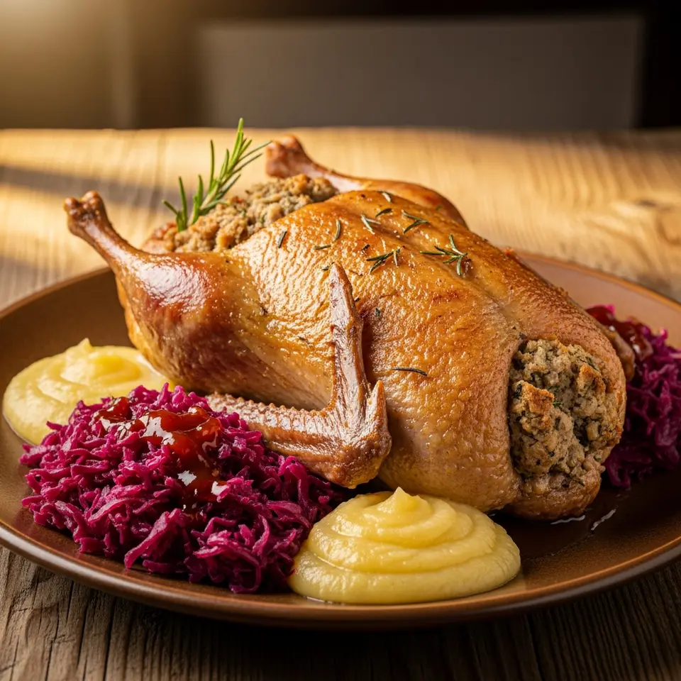 Fotografia de comida do Marreco Recheado com repolho roxo e purê de maçã.