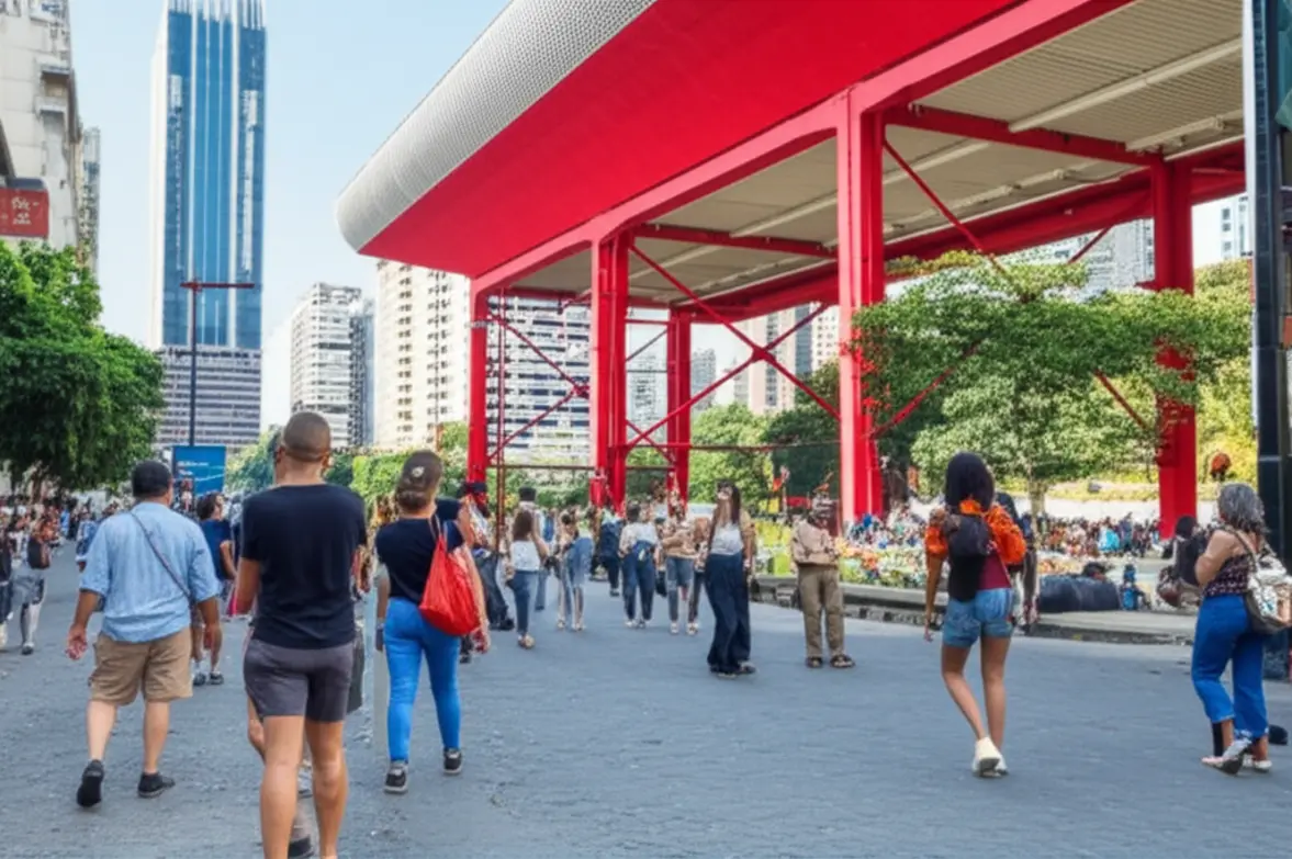 Avenida Paulista cheia de gente com o Museu de Arte de São Paulo (MASP).