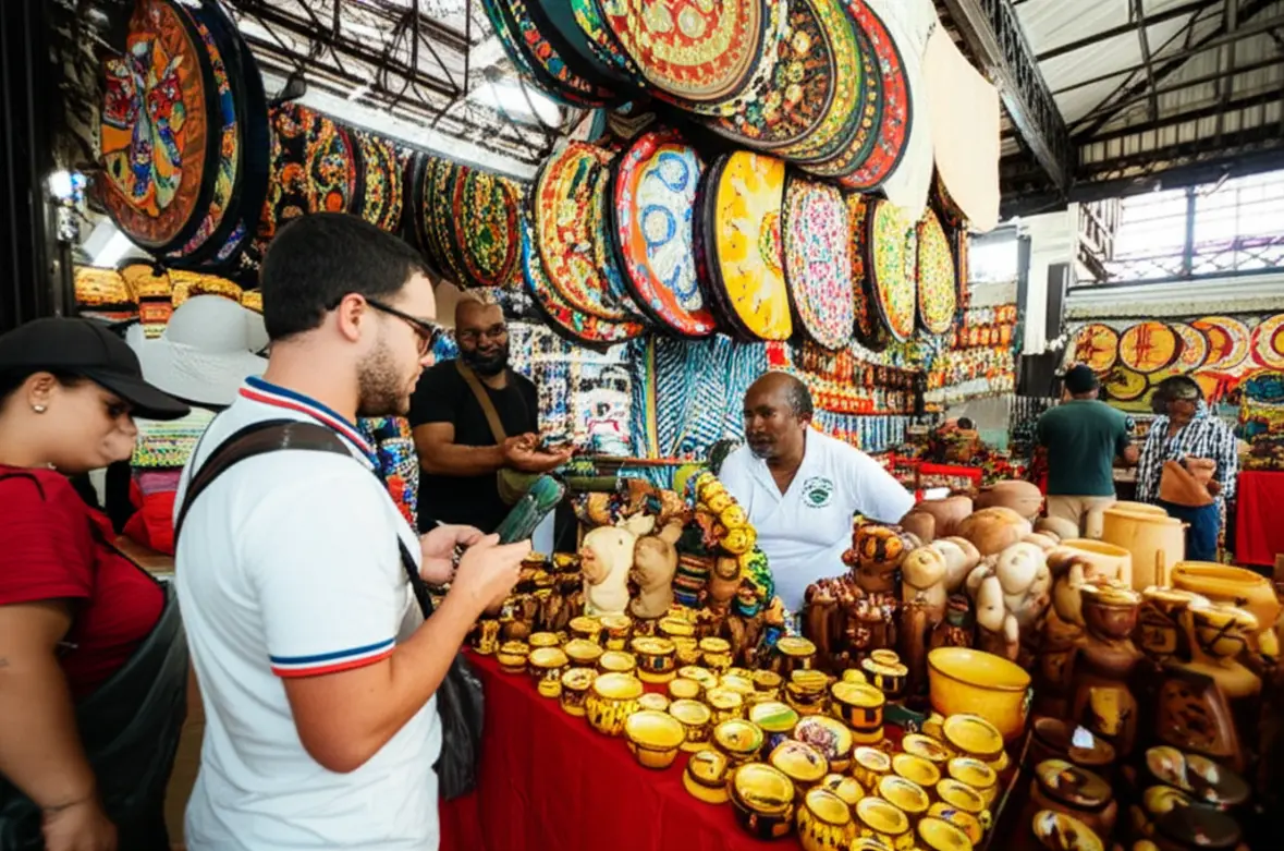 Interior do Mercado Modelo em Salvador com exposição de artesanato colorido.