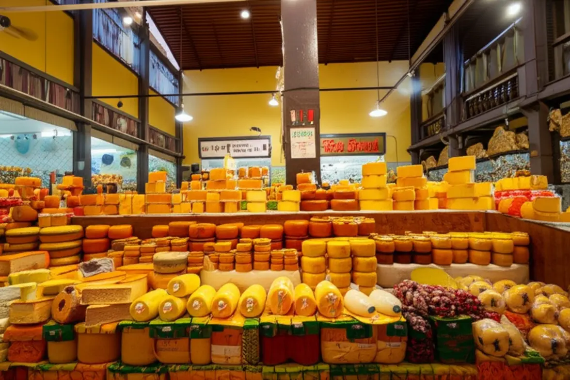 Bancas de queijos e doces artesanais no Mercado Municipal de São Lourenço.