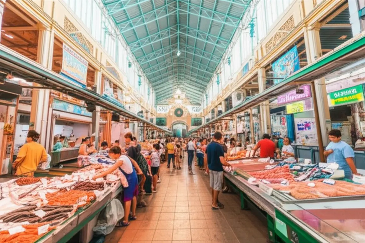 Cena vibrante do interior do Mercado Público de Florianópolis.