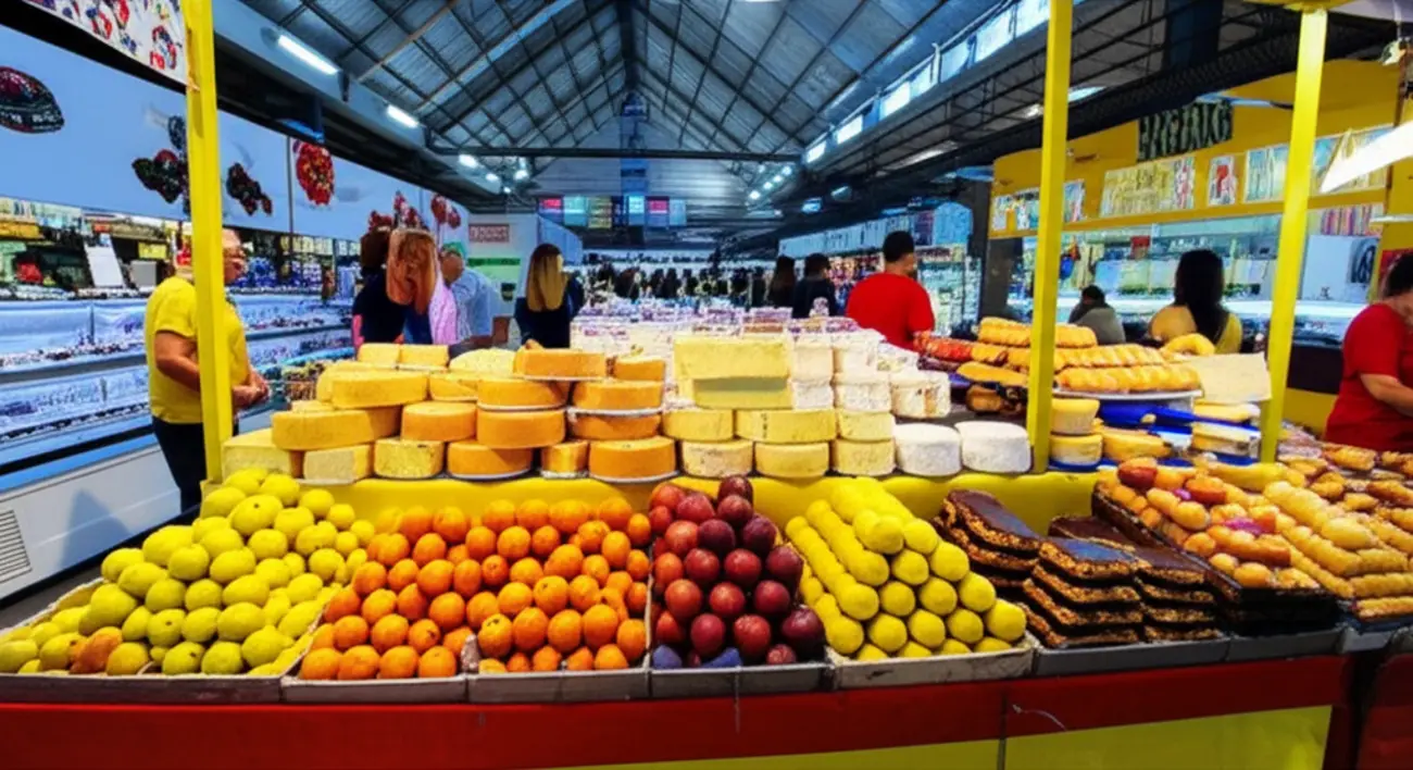 Movimentação e barracas com produtos frescos dentro do Mercado Público de Joinville.