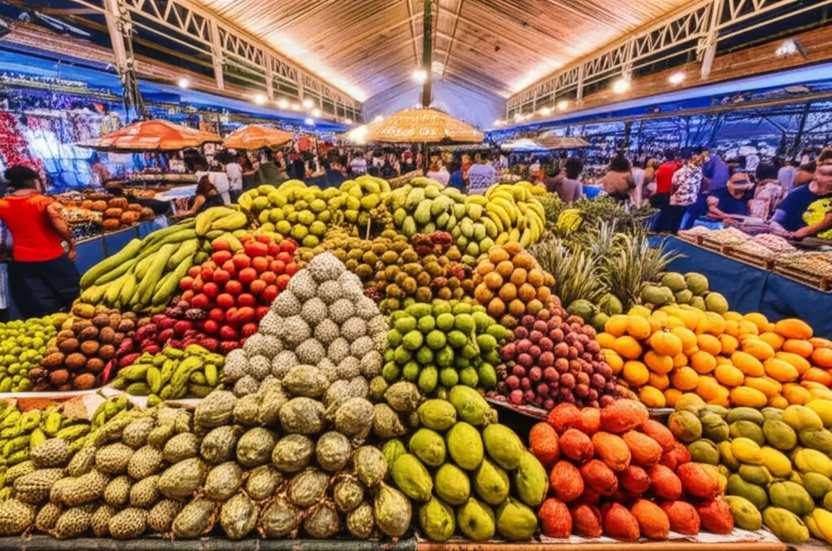 Barraca vibrante do Mercado Ver-o-Peso com frutas e temperos amazônicos.