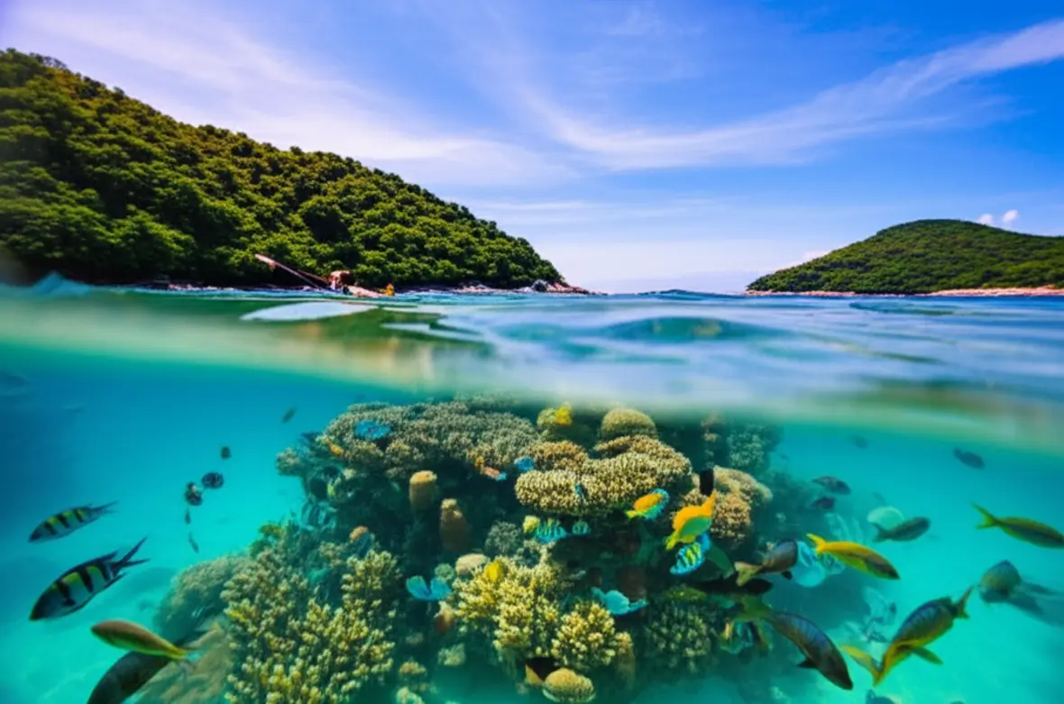 Mergulhador em águas cristalinas de Angra dos Reis com peixes coloridos.