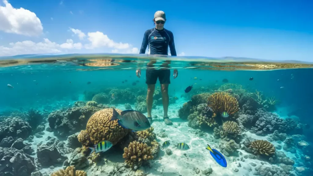 Pessoa nadando em piscina natural com peixes coloridos em Porto de Galinhas.