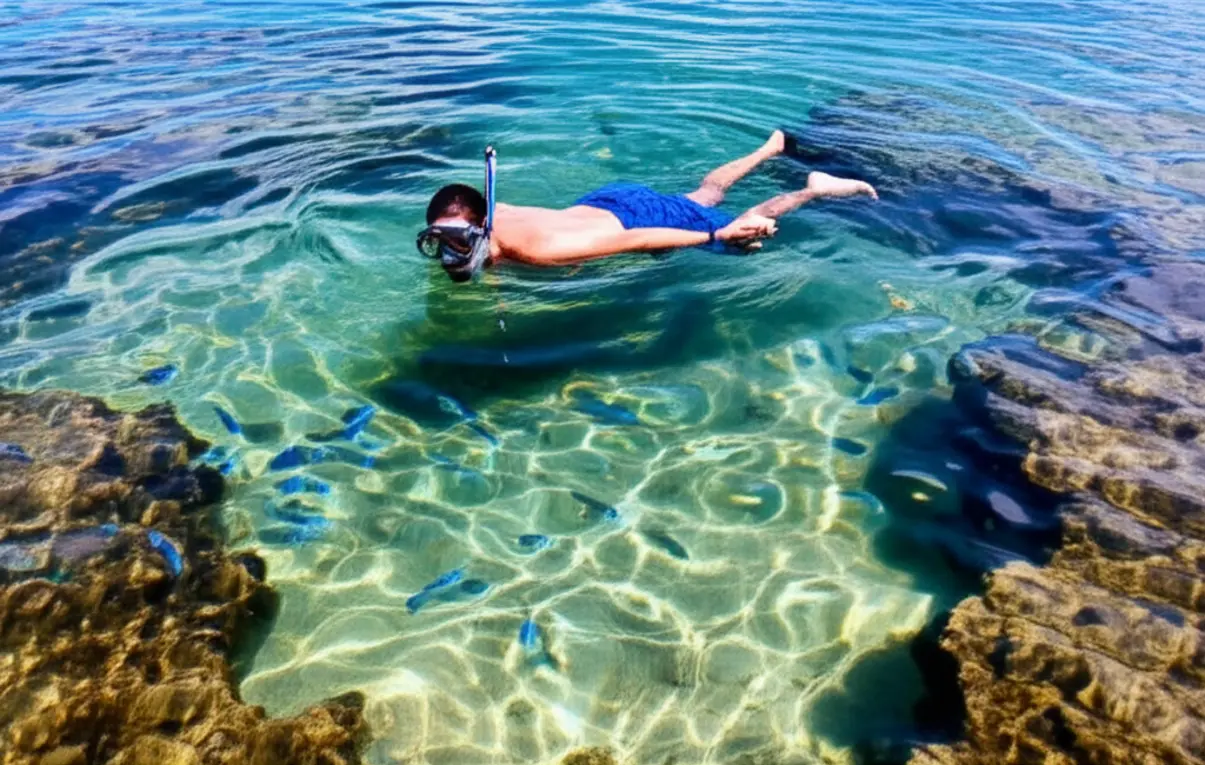 Snorkeler nadando em piscina natural de corais em Maracajaú.