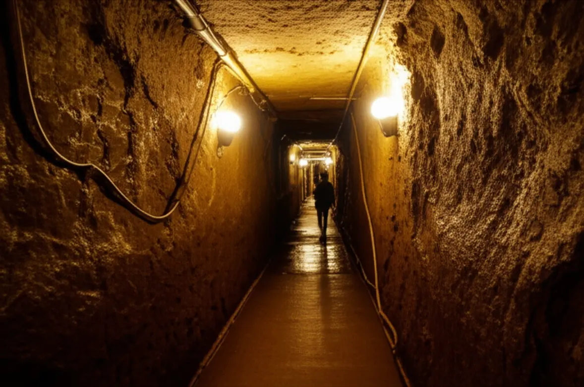 Foto realista do interior de uma mina de ouro desativada com iluminação tênue.