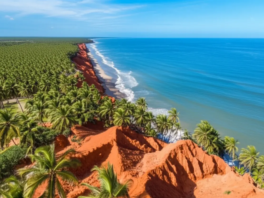 Vista aérea do Mirante do Gunga com vasto coqueiral, falésias e mar azul em Alagoas.