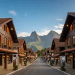 Vista panorâmica da charmosa Monte Verde, a Suíça Brasileira, com chalés de madeira e montanhas ao fundo.