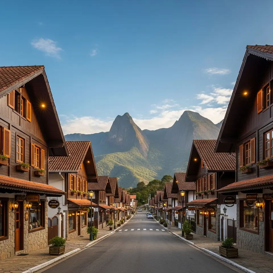 Vista panorâmica da charmosa Monte Verde, a Suíça Brasileira, com chalés de madeira e montanhas ao fundo.