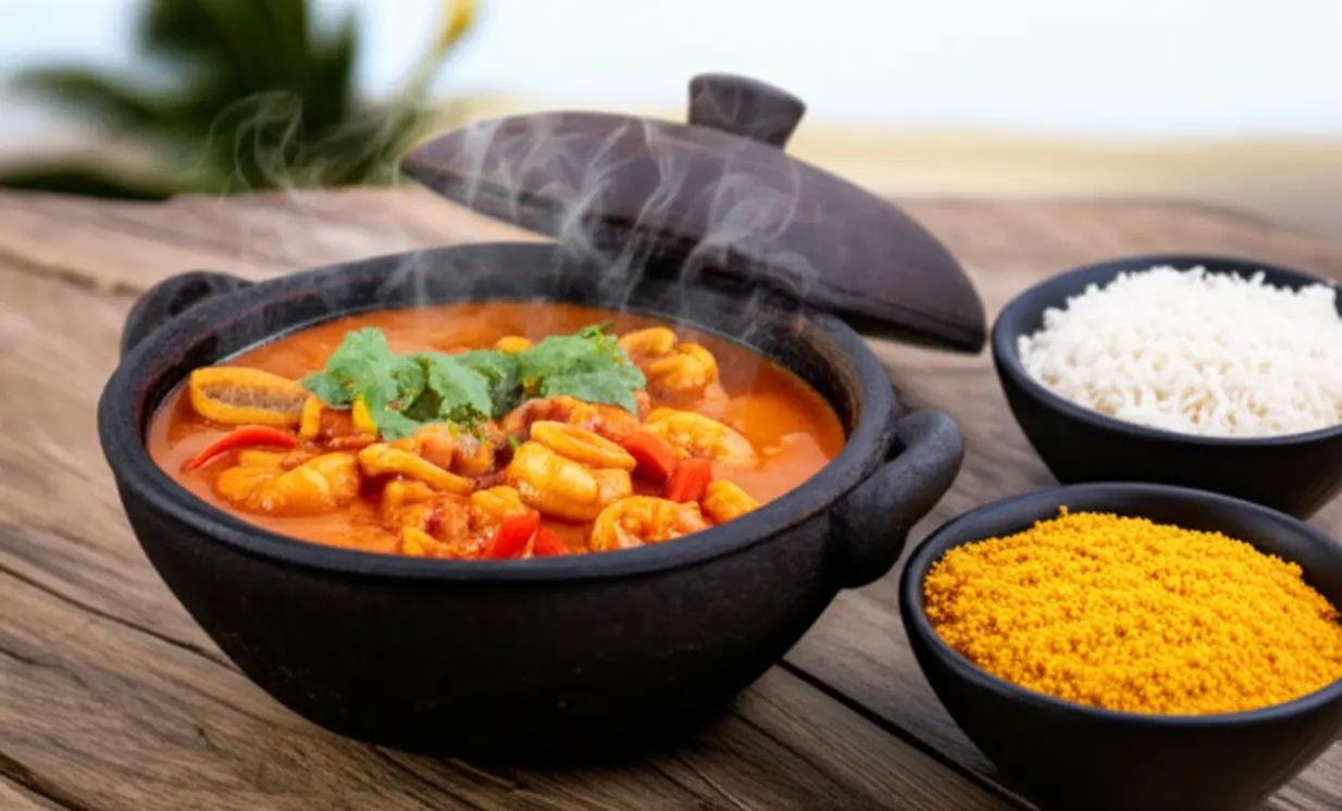 Moqueca Baiana de frutos do mar com arroz e pirão em um restaurante na Praia do Forte.