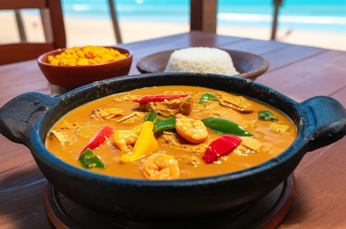 Moqueca Baiana tradicional com frutos do mar em panela de barro na Praia dos Coqueiros.