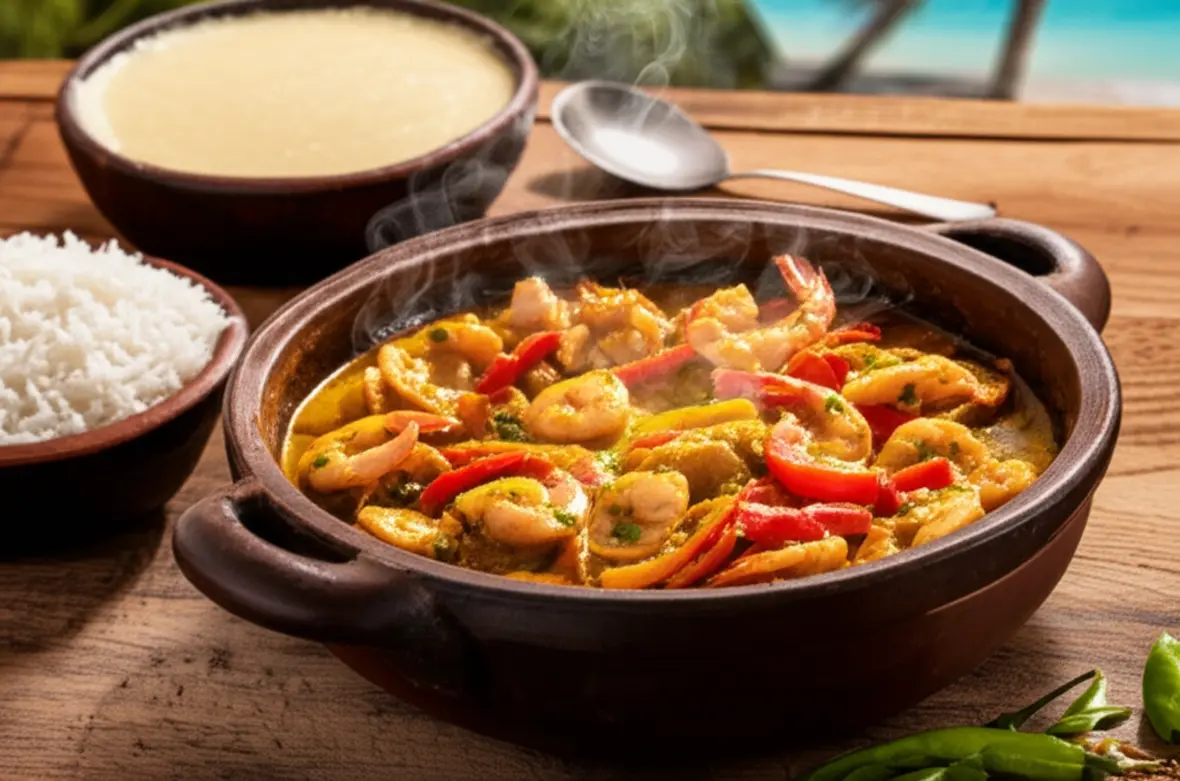 Moqueca baiana borbulhando na panela de barro em restaurante de praia.