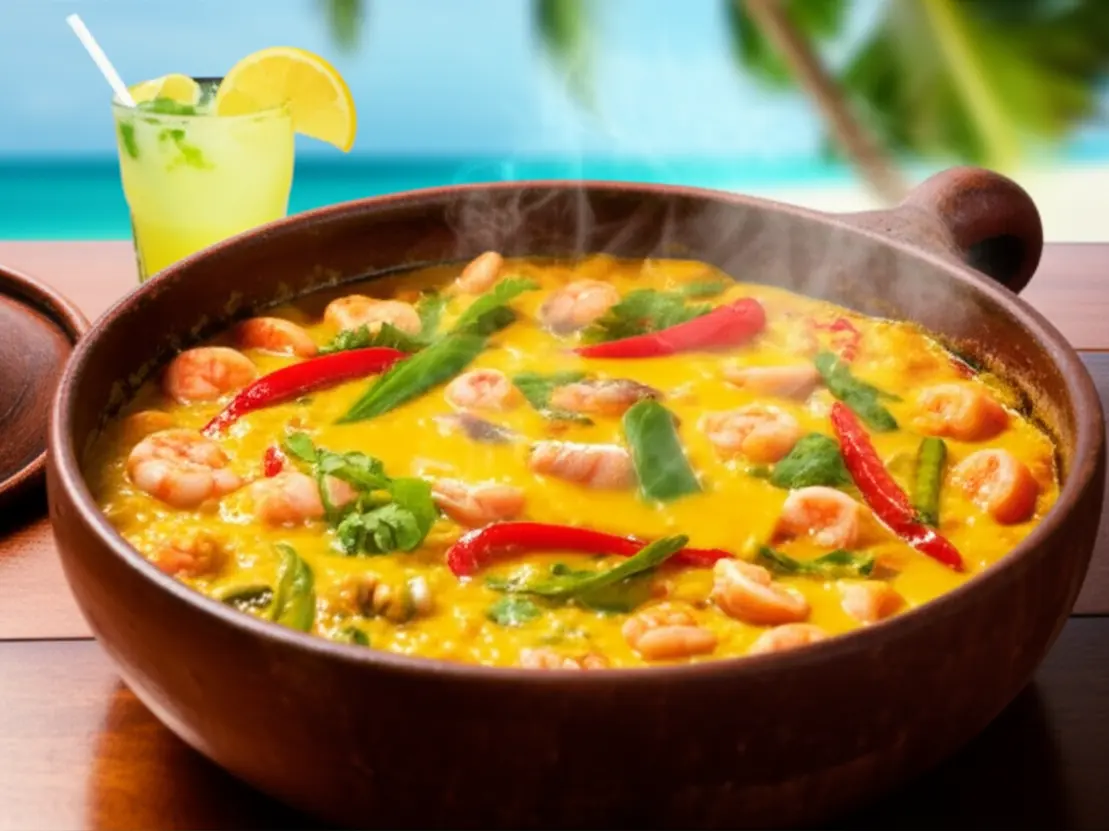 Close-up de uma moqueca de frutos do mar borbulhando em uma panela de barro em uma mesa de praia.