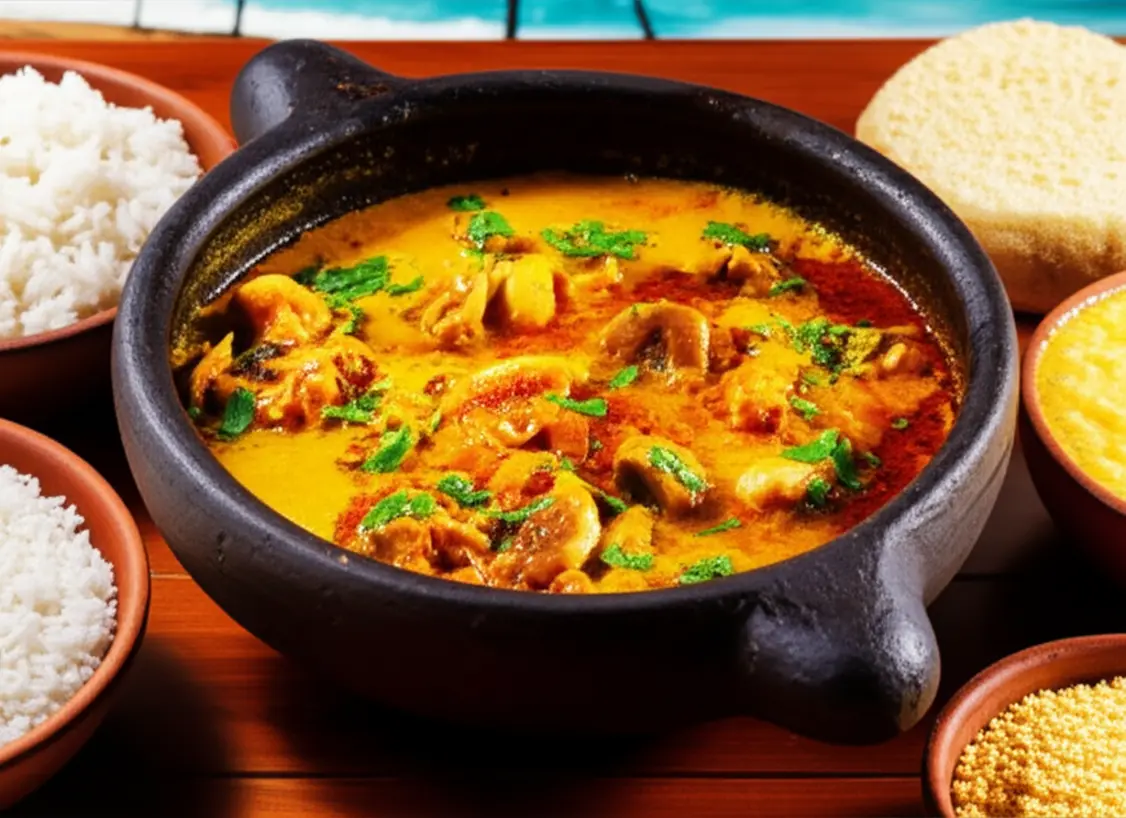 Prato de moqueca baiana tradicional em panela de barro.