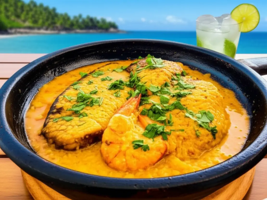 Moqueca tradicional de frutos do mar e caipirinha servidas em Búzios.