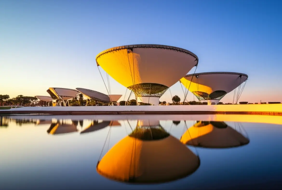 Arquitetura do Museu de Arte Popular da Paraíba (Niemeyer) refletida no Açude Velho ao pôr do sol.