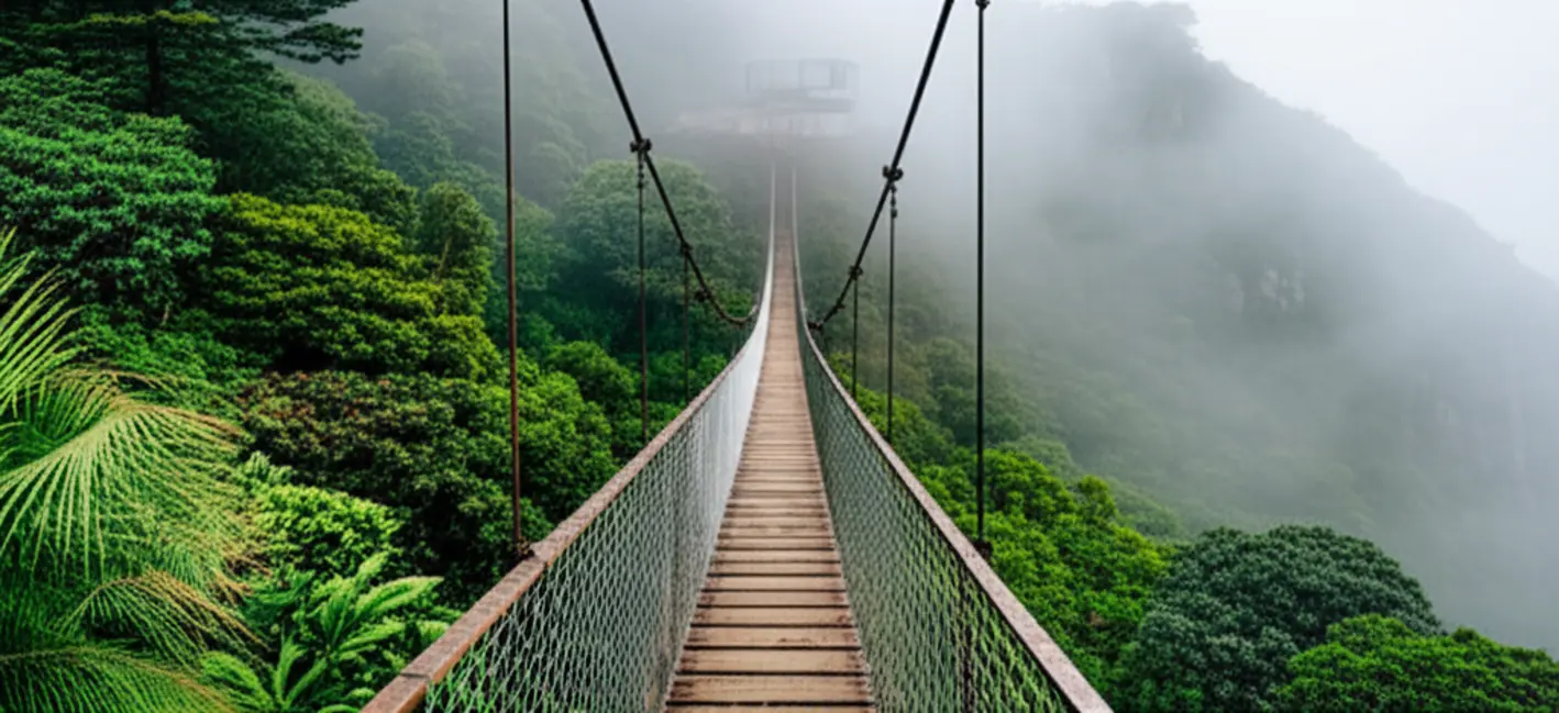 Passarela suspensa de madeira em meio à vegetação densa do Parque Nacional da Serra dos Órgãos.