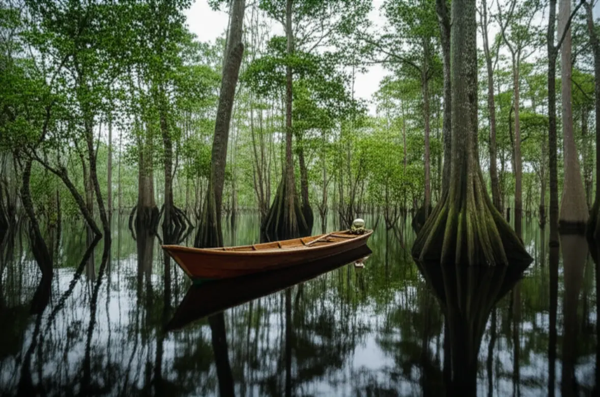 Barco navegando em um igapó, floresta amazônica inundada, durante a cheia.