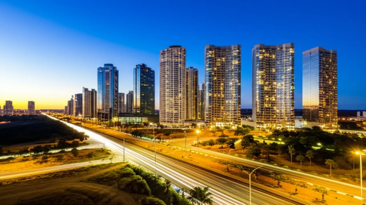 Skyline moderno da Gleba Palhano com edifícios altos ao entardecer.