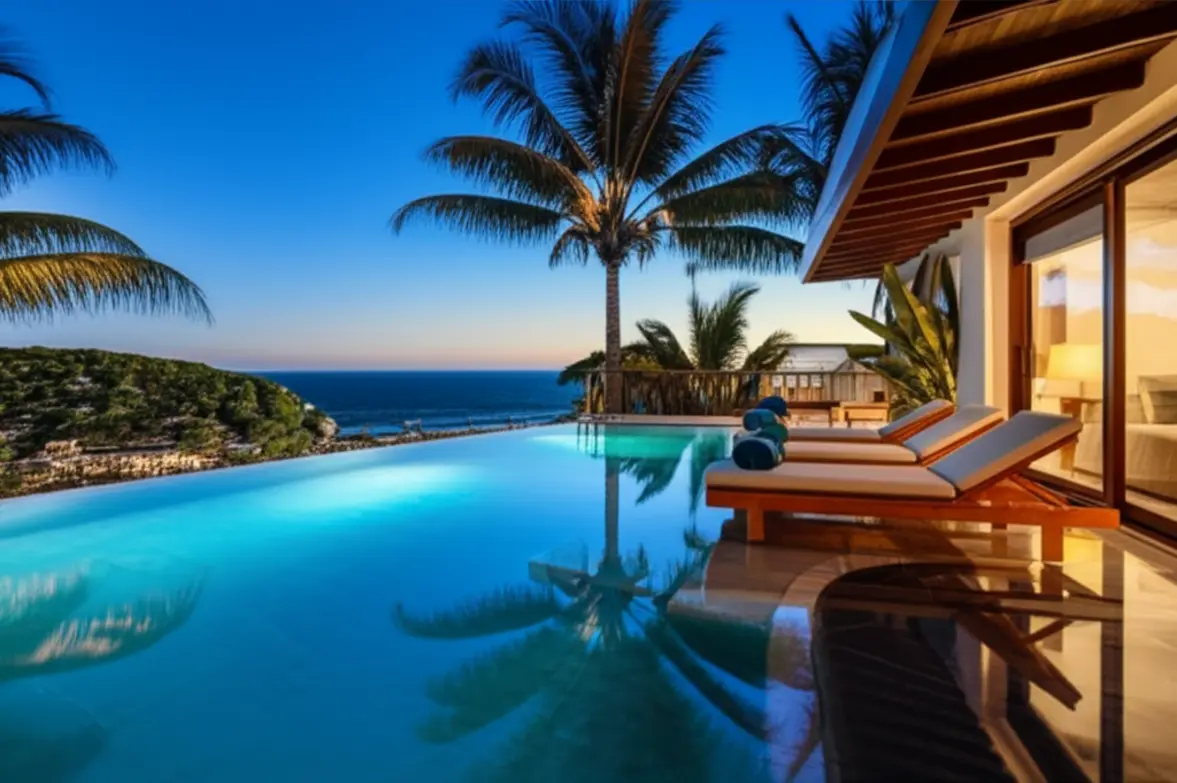 Varanda de uma pousada de luxo em Juquehy com vista para o mar e piscina de borda infinita.