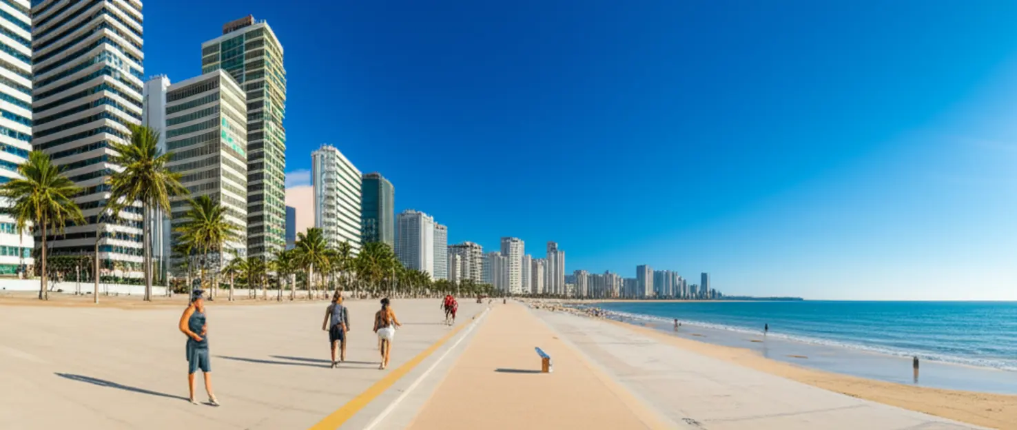 Calçadão e hotéis na orla da Praia de Cabo Branco em João Pessoa.