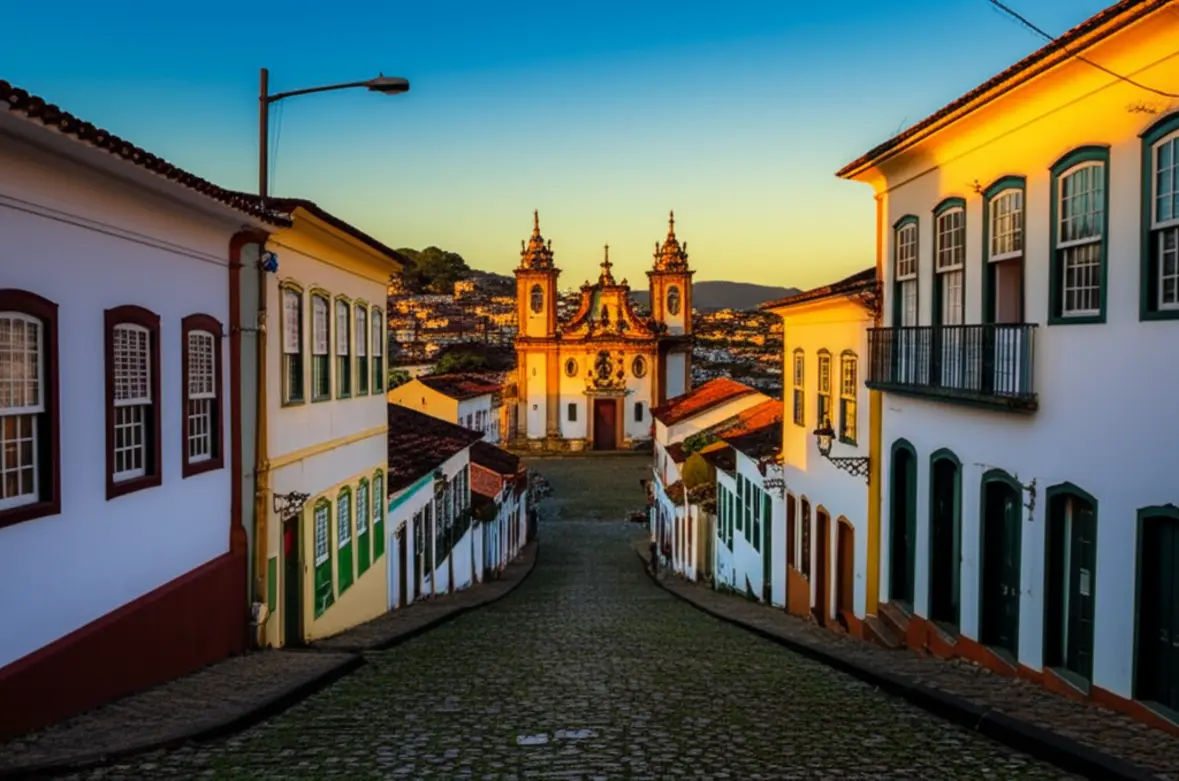 Foto realista da ladeira de Ouro Preto com casarões coloniais e igreja barroca sob luz de fim de tarde.