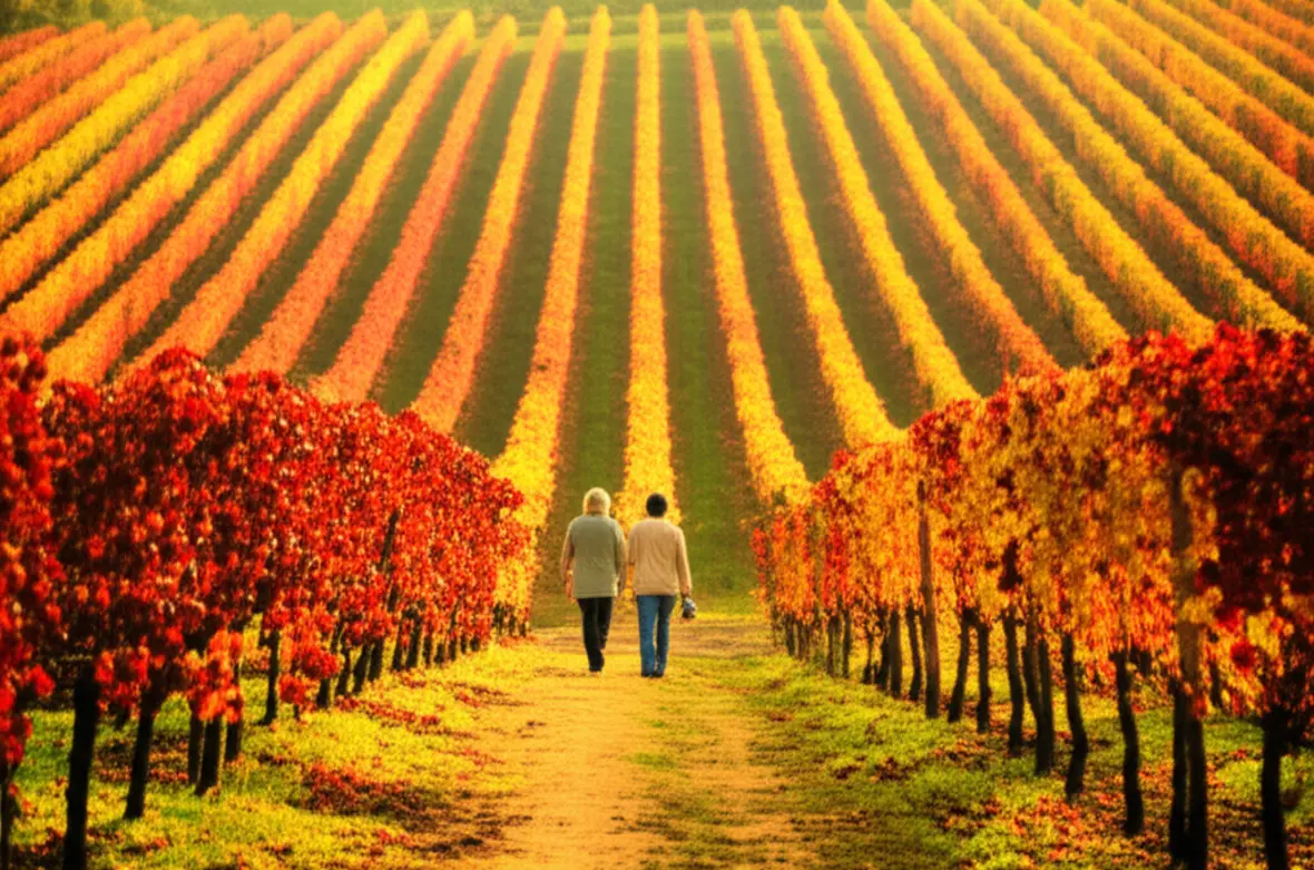 Caminhada de casal em vinhedos no outono com cores vibrantes.