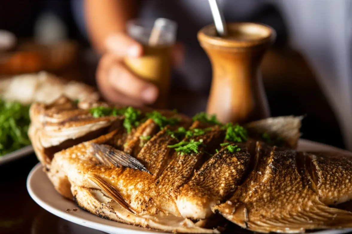 Pacu assado na brasa e um copo de tereré na mesa.