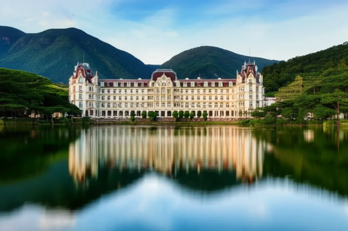 Fachada monumental do Palácio Quitandinha refletida no lago sob luz natural.