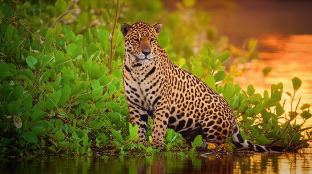 Onça-pintada em uma margem de rio no Pantanal ao pôr do sol.