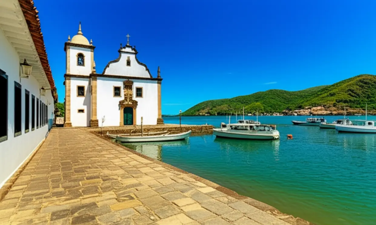 Igreja de Santa Rita em Paraty com a baía ao fundo.