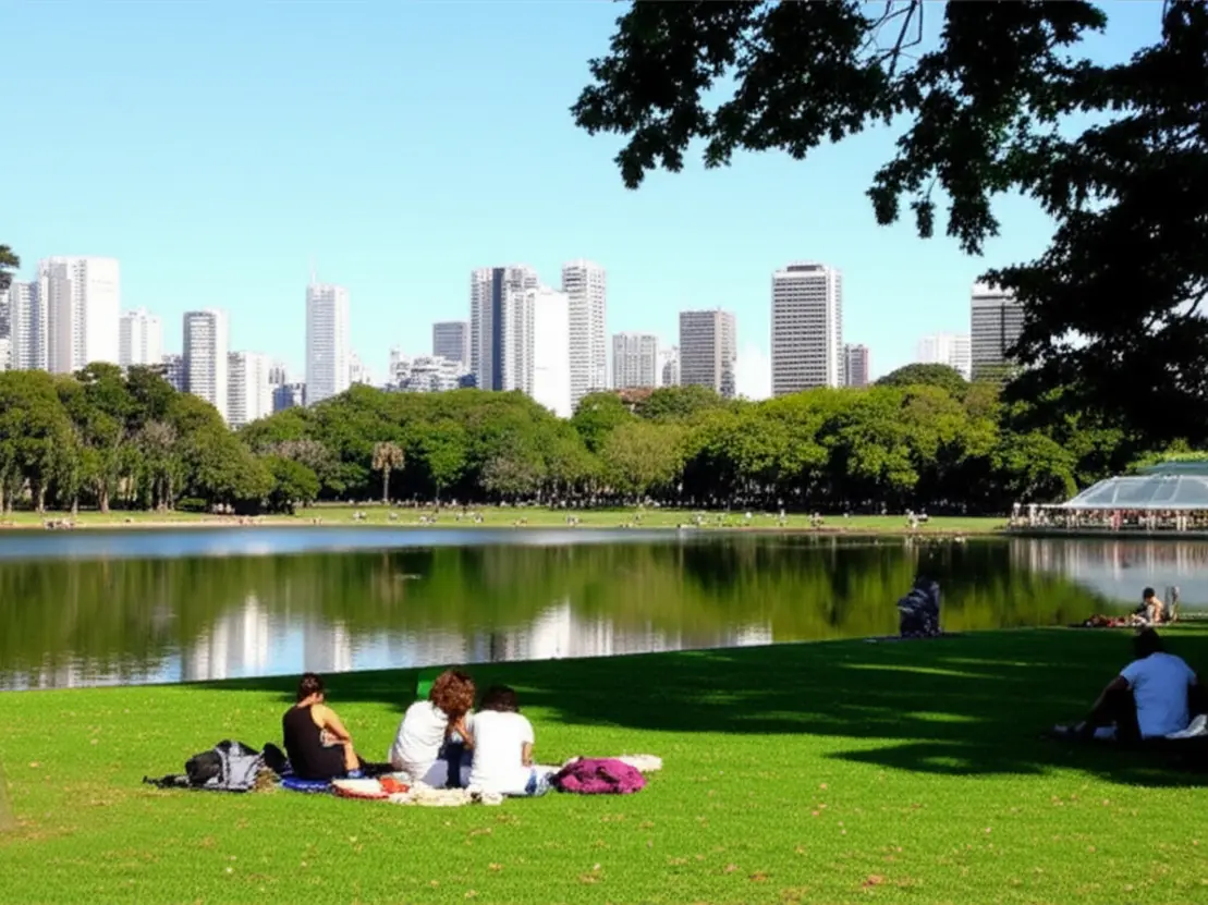 Pessoas relaxando no gramado do Parque Ibirapuera em dia de sol.