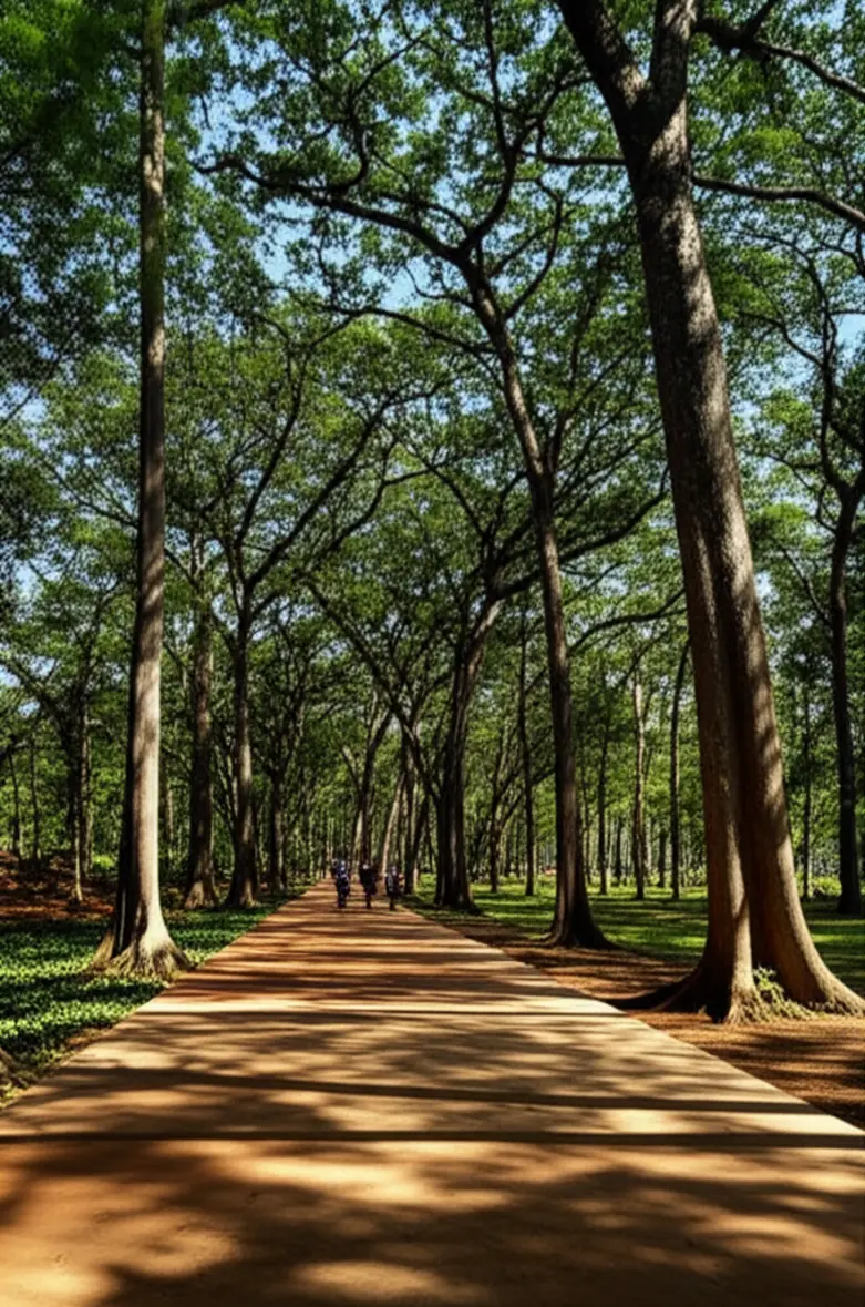 Pessoas caminhando por uma trilha sombreada e arborizada no Parque Mãe Bonifácia.
