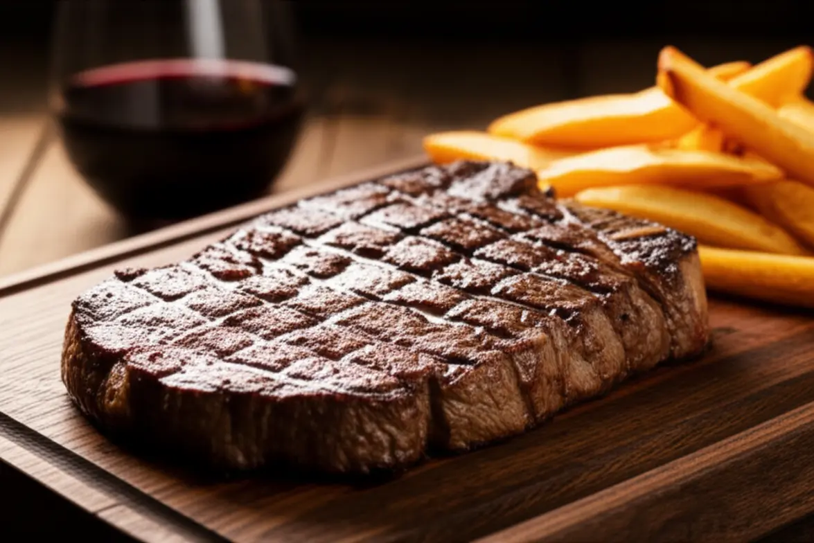 Bife de Chorizo argentino em tábua de madeira com taça de vinho Malbec.