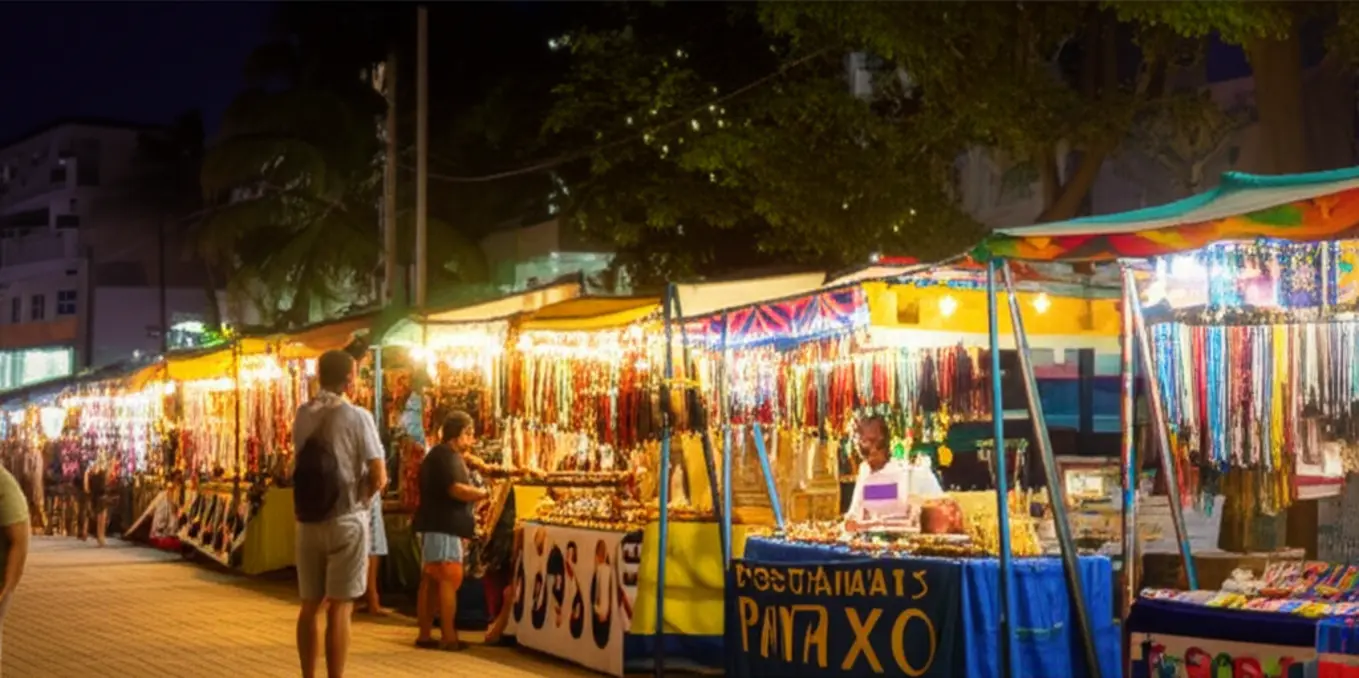 Movimento noturno na Passarela do Descobrimento com barracas de artesanato.