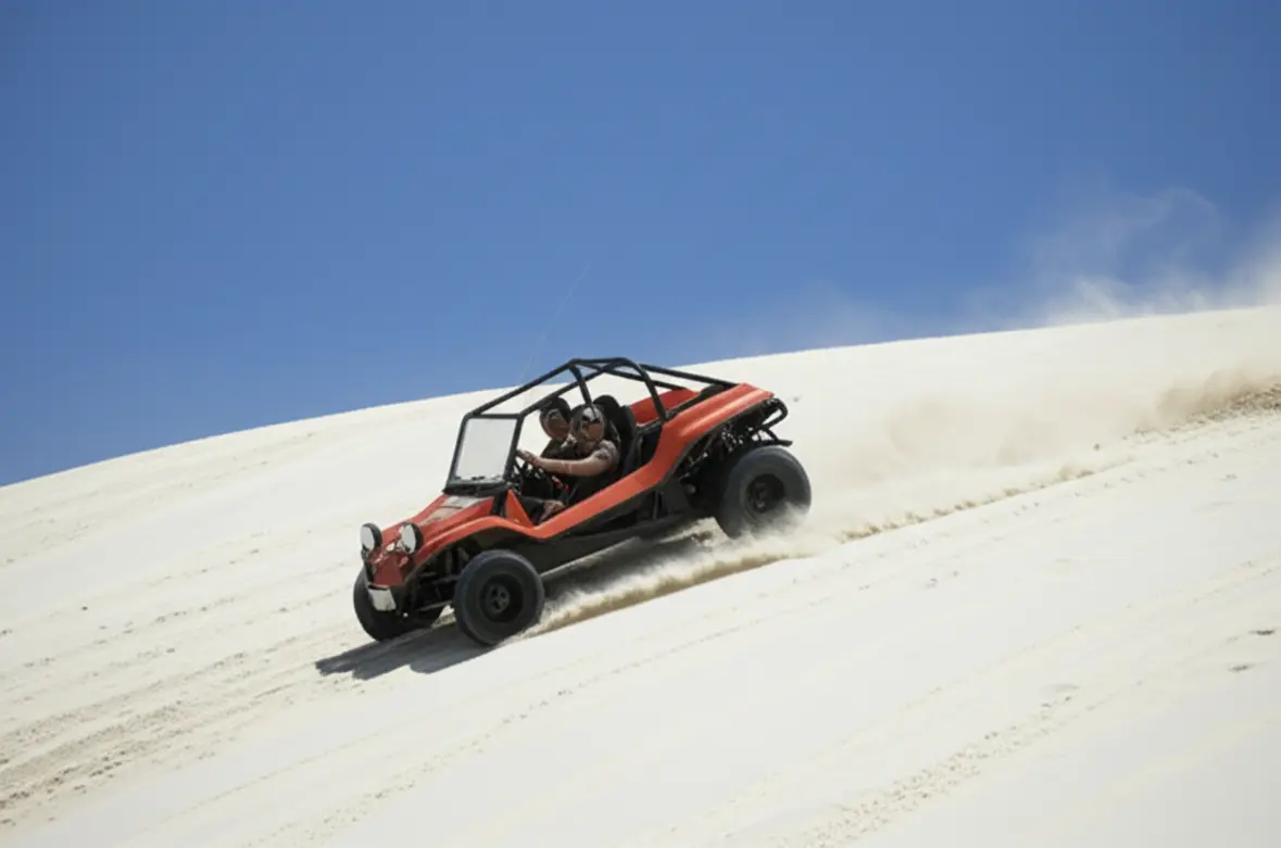 Buggy com turistas descendo duna de areia branca.