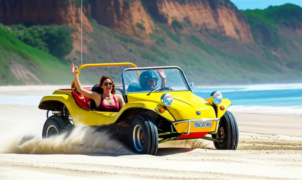Buggy vermelho em alta velocidade na praia de Ponta Grossa em Canoa Quebrada.