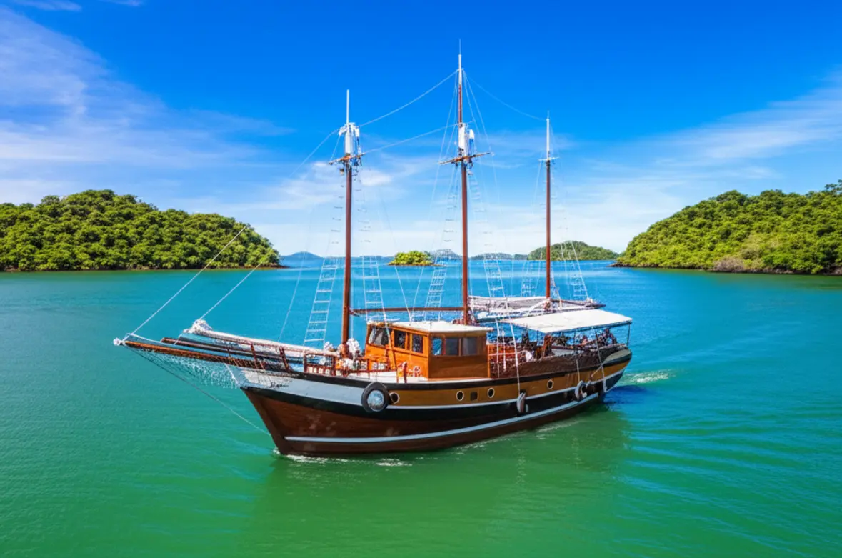 Escuna navegando nas águas verdes das ilhas de Paraty.