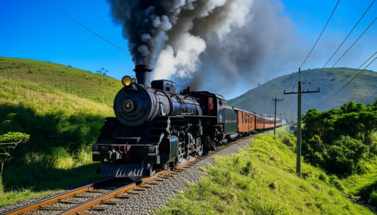Locomotiva histórica Maria Fumaça em movimento no vale mineiro.