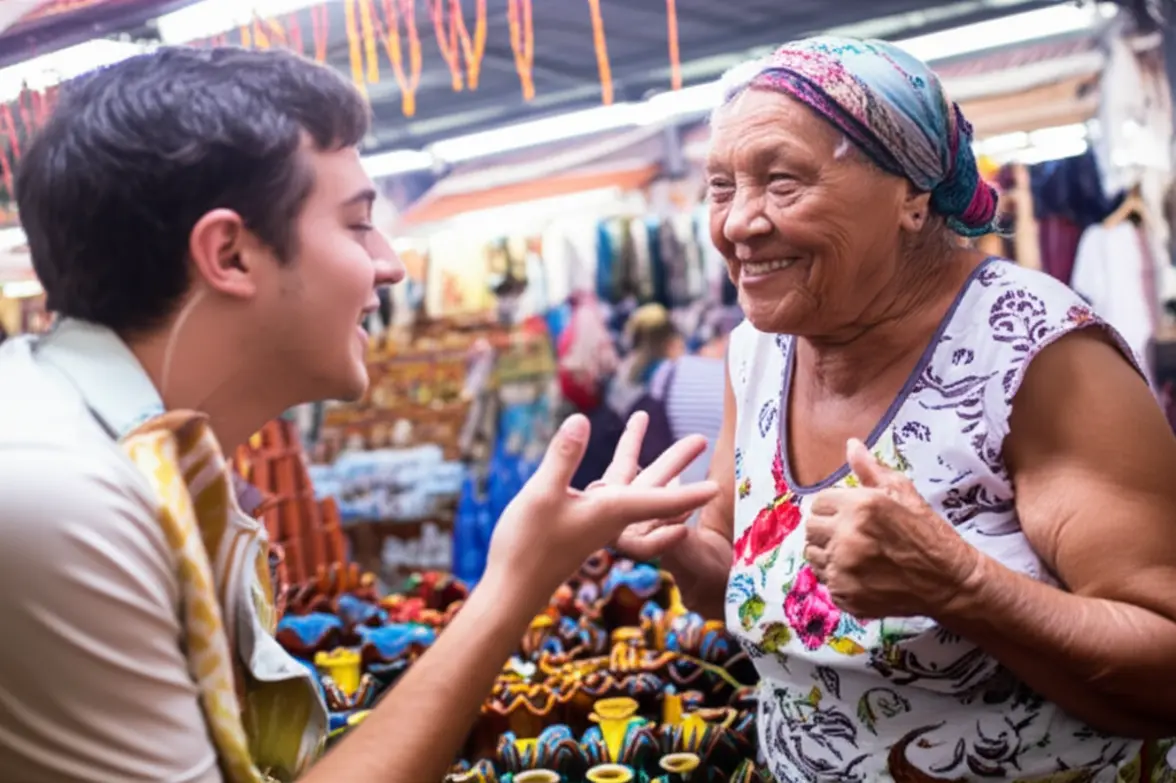 Turista e vendedor sorrindo enquanto negociam o preço de uma peça de artesanato.