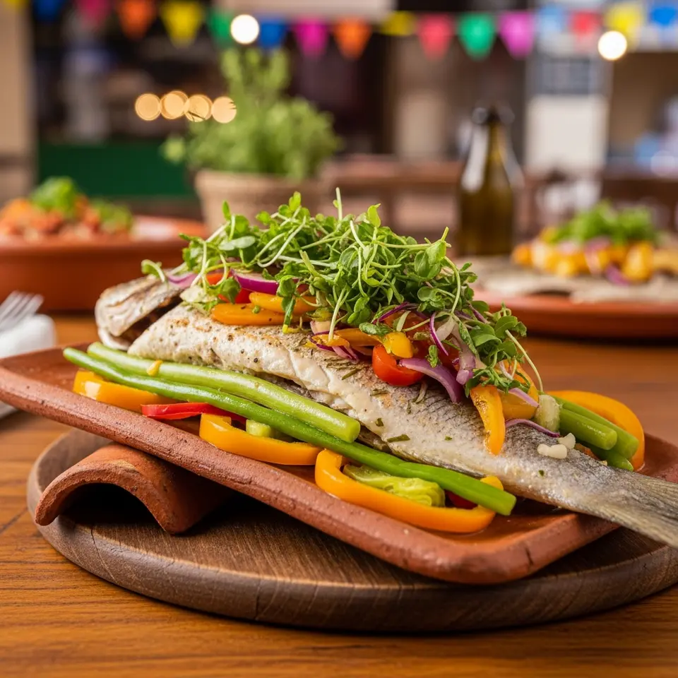 Prato de Peixe na Telha com legumes frescos em uma mesa rústica.